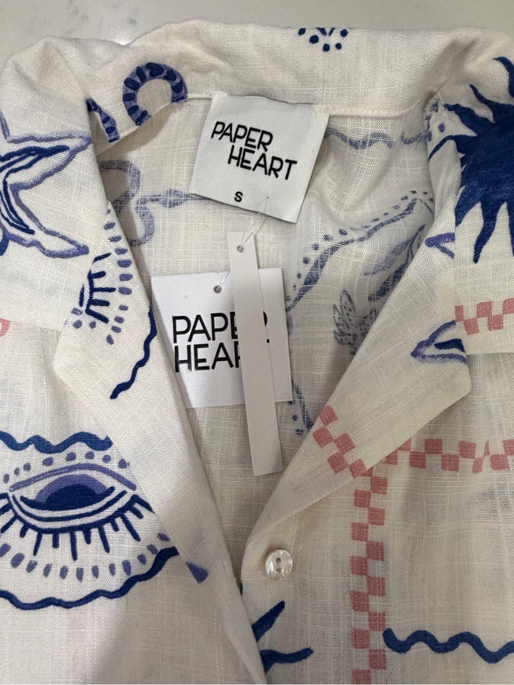 Women's White Short Sleeve Button-Up Top with Blue & Pink Print - Picture 7 of 13